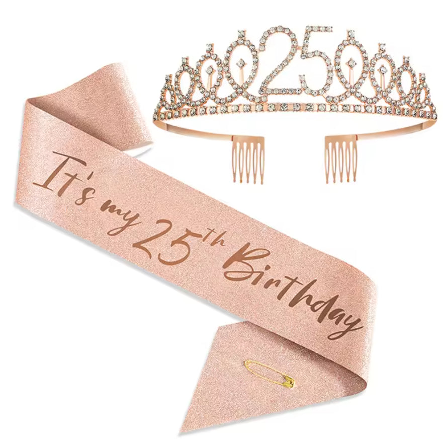 25Th Birthday Sash and Tiara for Girls, 25Th Birthday Gifts Girls Birthday Crown