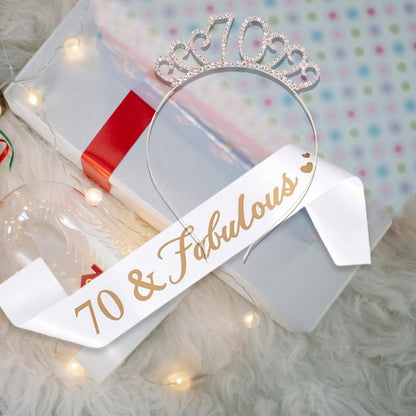 Ecomtwist 70th Birthday Sash & Tiara Set - Rose Gold 70 & Fabulous Satin Sash and Rhinestone Tiara - Ideal for 70th Birthday Gifts, Decorations, and Accessories for Women’s Celebrations