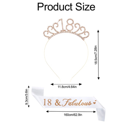 Ecomtwist 18th Birthday Sash & Tiara Set - Elegant Rose Gold Glitter Sash with 18 & Fabulous Text and Sparkling Rhinestone Tiara - Perfect for 18th Birthday Gifts for Girls and Party Celebrations.