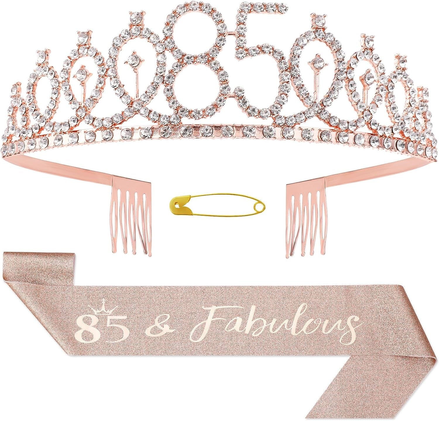 85Th Birthday Sash and Tiara Kit - Rose Gold 85& Fabulous Sash and Rhinestone Cr