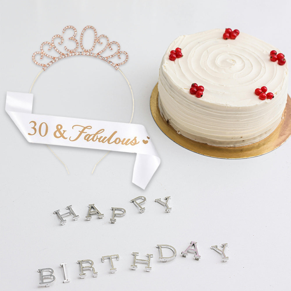 Ecomtwist 30th Birthday Sash & Tiara Set – Rose Gold Glitter Sash with 30 and Fabulous Text and Sparkling Rhinestone Tiara – Perfect Milestone Birthday Gift for Women.