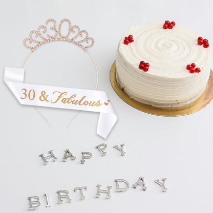 Ecomtwist 30th Birthday Sash & Tiara Set – Rose Gold Glitter Sash with 30 and Fabulous Text and Sparkling Rhinestone Tiara – Perfect Milestone Birthday Gift for Women.