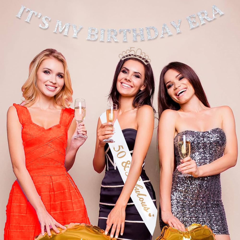 Ecomtwist 50th Birthday Sash & Tiara Set – Rose Gold '50 & Fabulous' Sash with Rhinestone Tiara – Perfect for 50th Birthday Gifts, Decorations, Party Accessories, Crown, and Headband for Women.