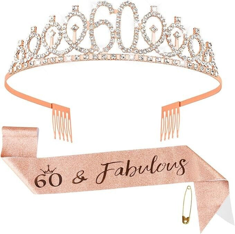 60Th Birthday Sash and Birthday Crown Crystal Tiara for Women 60Th Birthday Gift