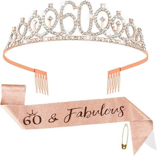 60Th Birthday Sash and Birthday Crown Crystal Tiara for Women 60Th Birthday Gift