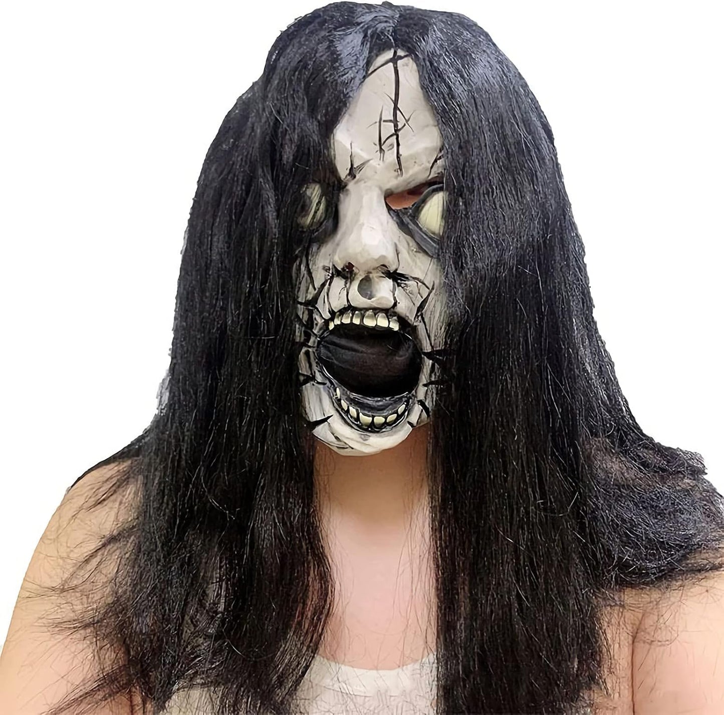 Halloween Horror Mask Creepy Party Mask Scary Cosplay Mask Evil Dead Mask Zombie Mask Halloween Ghost Mask with Hair Halloween Full Head Mask Horrible Mask Realistic for Halloween Cosplay Party