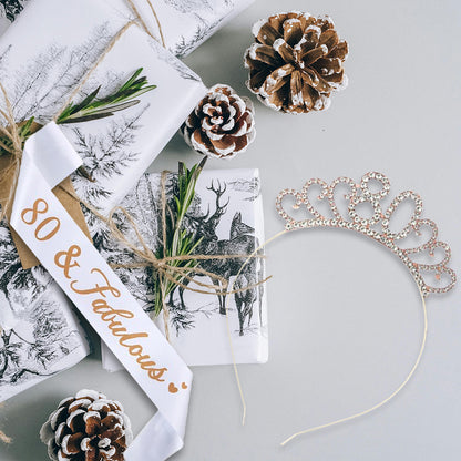Ecomtwist 80th Birthday Sash & Tiara Set - Rose Gold 80 & Fabulous Satin Sash and Rhinestone Tiara - Ideal for 80th Birthday Gifts, Decorations, and Celebration Accessories for Women