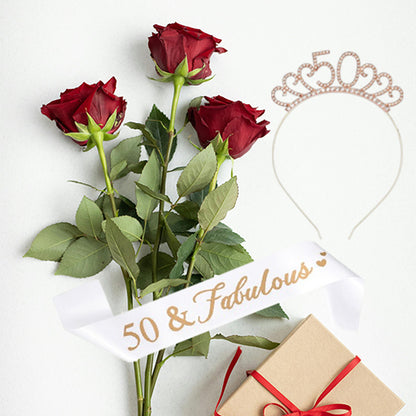 Ecomtwist 50th Birthday Sash & Tiara Set – Rose Gold '50 & Fabulous' Sash with Rhinestone Tiara – Perfect for 50th Birthday Gifts, Decorations, Party Accessories, Crown, and Headband for Women.