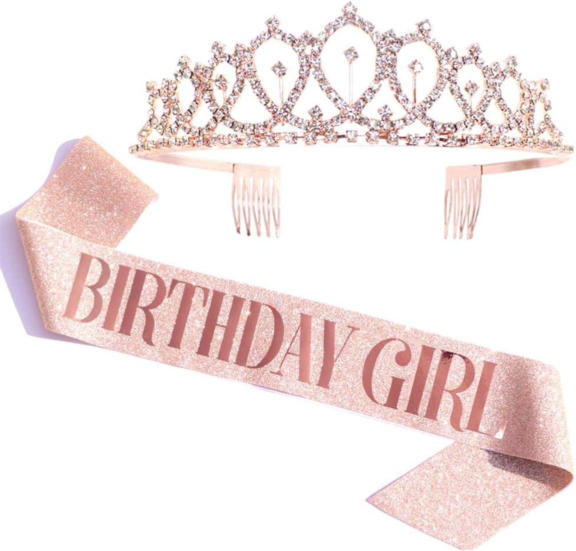 Leixi Birthday Queen Sash & Rhinestone Tiara Kit - 21St 30Th Birthday Gifts Birthday Sash for Women Birthday Party Supplies (Rose Gold)