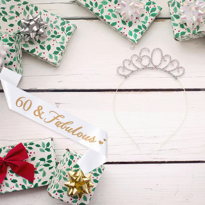 Ecomtwist 60th Celebration Sash & Crown Set - Rose Gold 60 and Fabulous Sash & Sparkling Rhinestone Crown - Ideal for 60th Birthday Gifts for Her, Milestone Party Decorations, and Accessories.