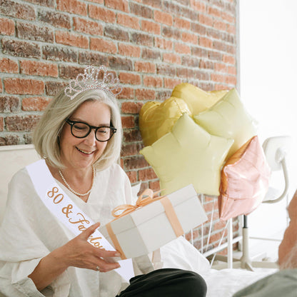 Ecomtwist 80th Birthday Sash & Tiara Set - Rose Gold 80 & Fabulous Satin Sash and Rhinestone Tiara - Ideal for 80th Birthday Gifts, Decorations, and Celebration Accessories for Women