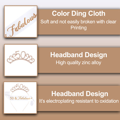 Ecomtwist 50th Birthday Sash & Tiara Set – Rose Gold '50 & Fabulous' Sash with Rhinestone Tiara – Perfect for 50th Birthday Gifts, Decorations, Party Accessories, Crown, and Headband for Women.