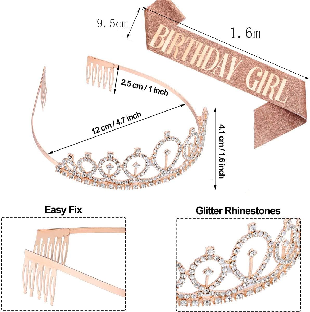 Leixi Birthday Queen Sash & Rhinestone Tiara Kit - 21St 30Th Birthday Gifts Birthday Sash for Women Birthday Party Supplies (Rose Gold)