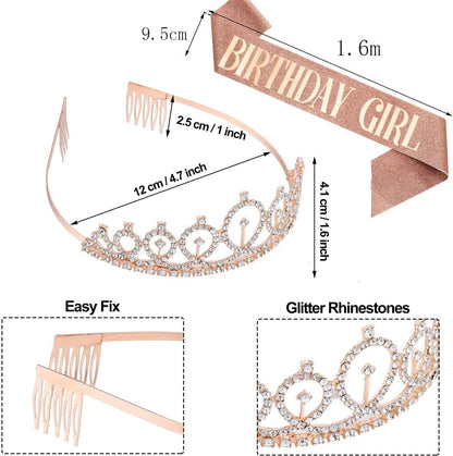 Leixi Birthday Queen Sash & Rhinestone Tiara Kit - 21St 30Th Birthday Gifts Birthday Sash for Women Birthday Party Supplies (Rose Gold)