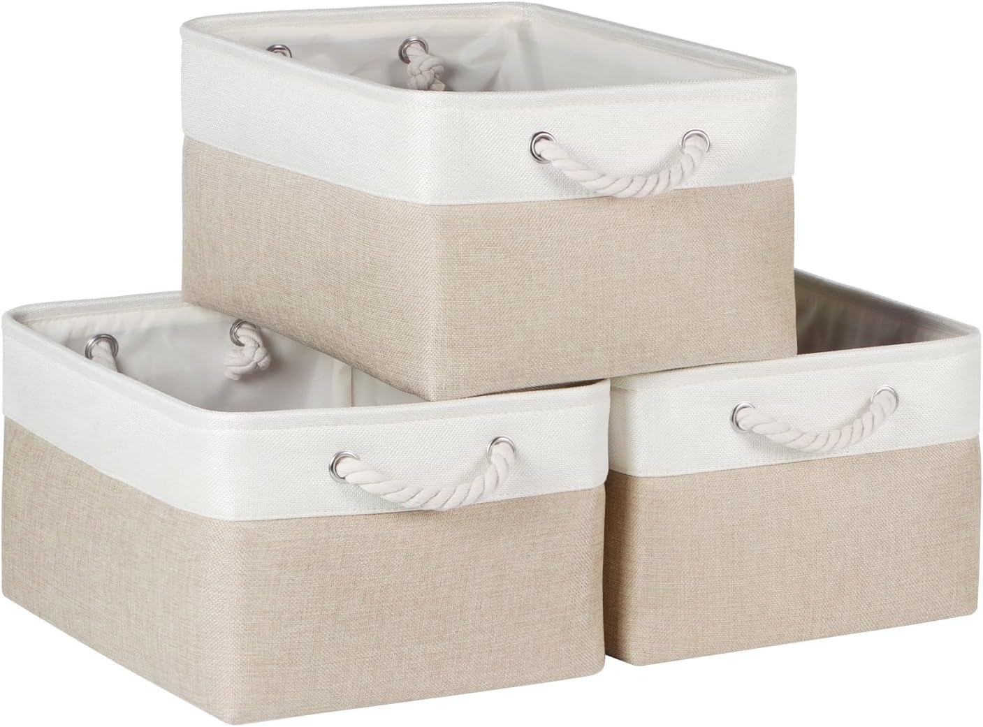 Storage Basket for Shelves [3-Pack], Storage Boxes with Handles, Large Fabric Storage Bins for Organizing Home and Office, White & Grey