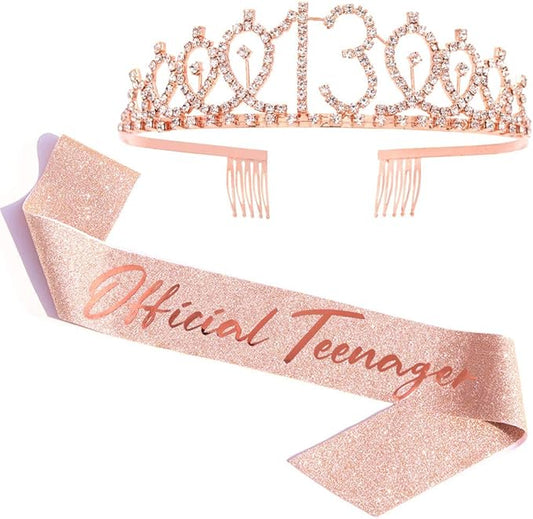 Ecomtwist 13th Birthday Sash & Tiara Set - Rose Gold 13 & Fabulous Satin Sash and Rhinestone Tiara - Ideal for 13th Birthday Gifts, Decorations, and Celebration Accessories for Women