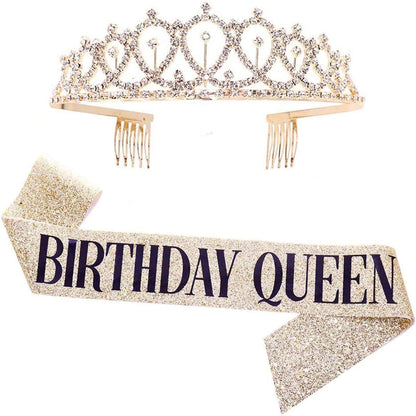 Leixi Birthday Queen Sash & Rhinestone Tiara Kit - 21St 30Th Birthday Gifts Birthday Sash for Women Birthday Party Supplies (Rose Gold)