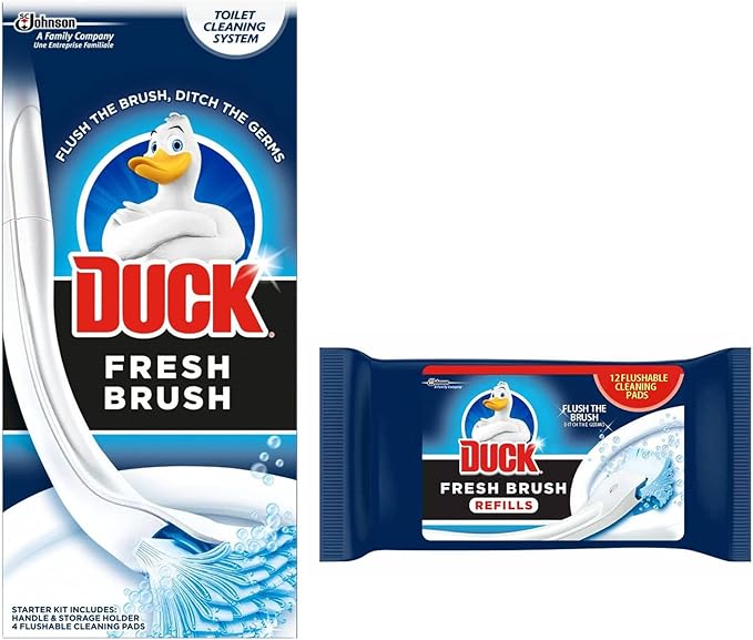 Toilet Duck Fresh Brush with Holder-Toilet Bowl Cleaner Starter Kit [1 Handle + 4 Refills]- with Duck Fresh Brush Refill (12 Flushable Cleaning Pads)