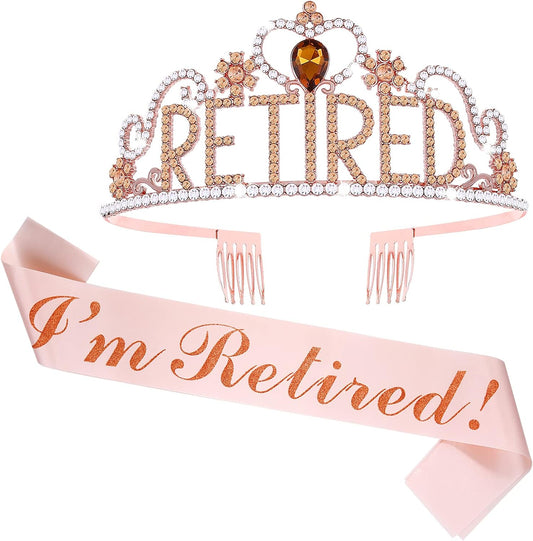 Abeillo Retirement Party Decorations Retirement Gifts for Women, Retired Crown Tiara & Sash, Crystal Crown for Women Happy Retirement Party Supplies, Gifts, Favors (Pink)