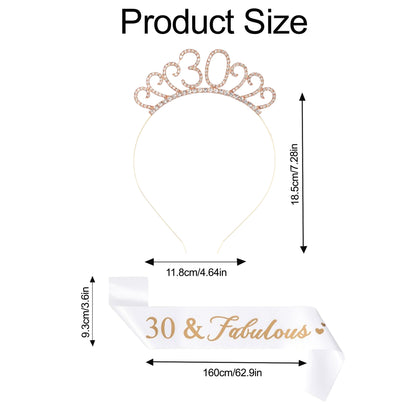 Ecomtwist 30th Birthday Sash & Tiara Set – Rose Gold Glitter Sash with 30 and Fabulous Text and Sparkling Rhinestone Tiara – Perfect Milestone Birthday Gift for Women.