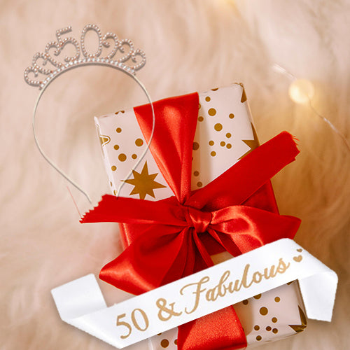 Ecomtwist 50th Birthday Sash & Tiara Set – Rose Gold '50 & Fabulous' Sash with Rhinestone Tiara – Perfect for 50th Birthday Gifts, Decorations, Party Accessories, Crown, and Headband for Women.