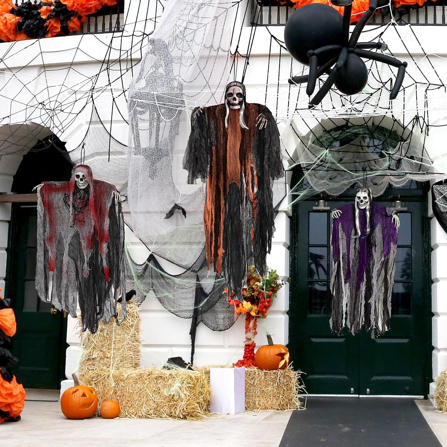 Halloween Hanging Ghost Decorations Outdoor Indoor, Animated Scary Grim Reaper Skeleton Decorations, Creepy Skull Ghost for Party outside Yard Porch Haunted House