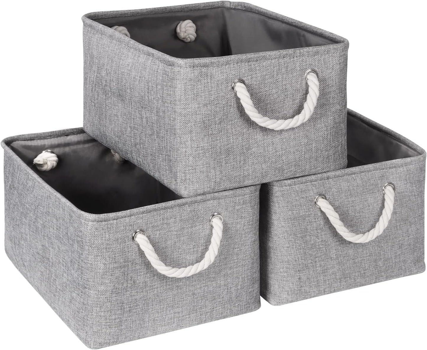 Storage Basket for Shelves [3-Pack], Storage Boxes with Handles, Large Fabric Storage Bins for Organizing Home and Office, White & Grey