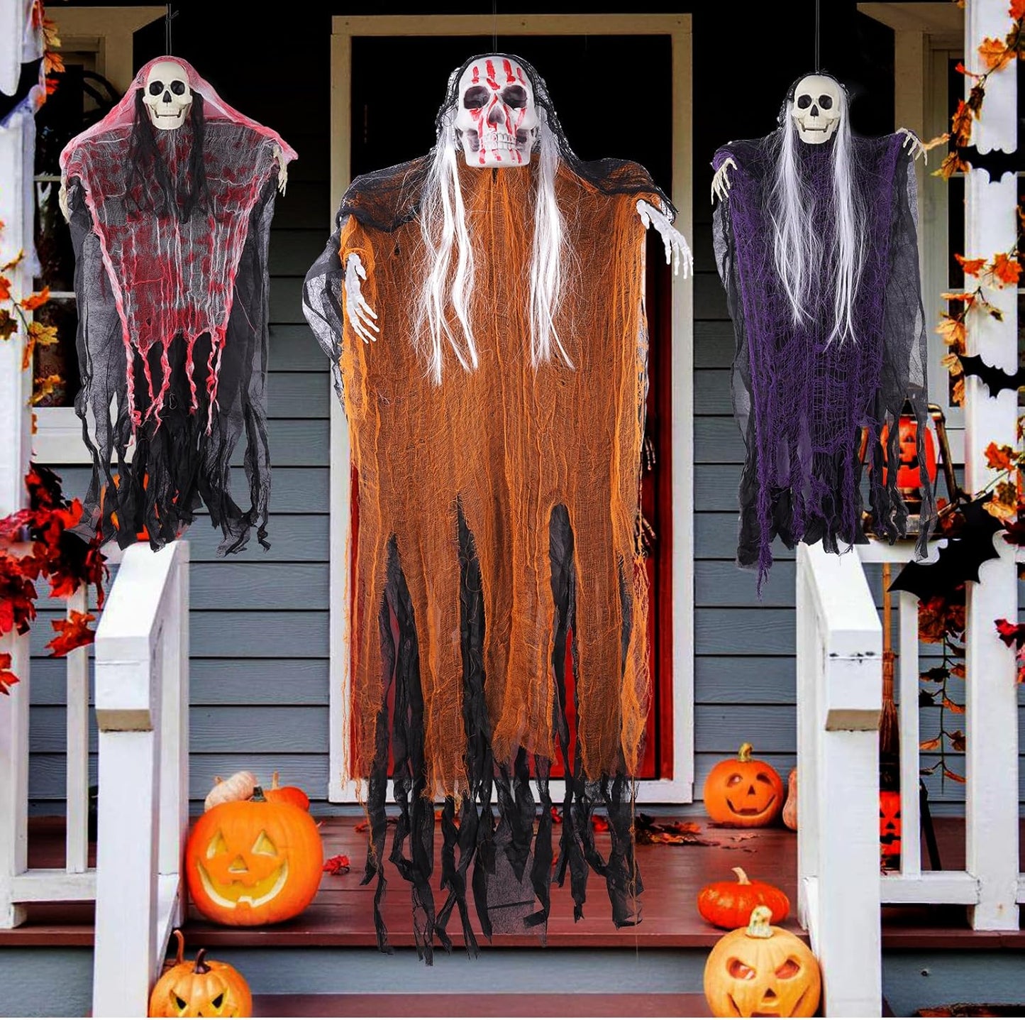 Halloween Hanging Ghost Decorations Outdoor Indoor, Animated Scary Grim Reaper Skeleton Decorations, Creepy Skull Ghost for Party outside Yard Porch Haunted House