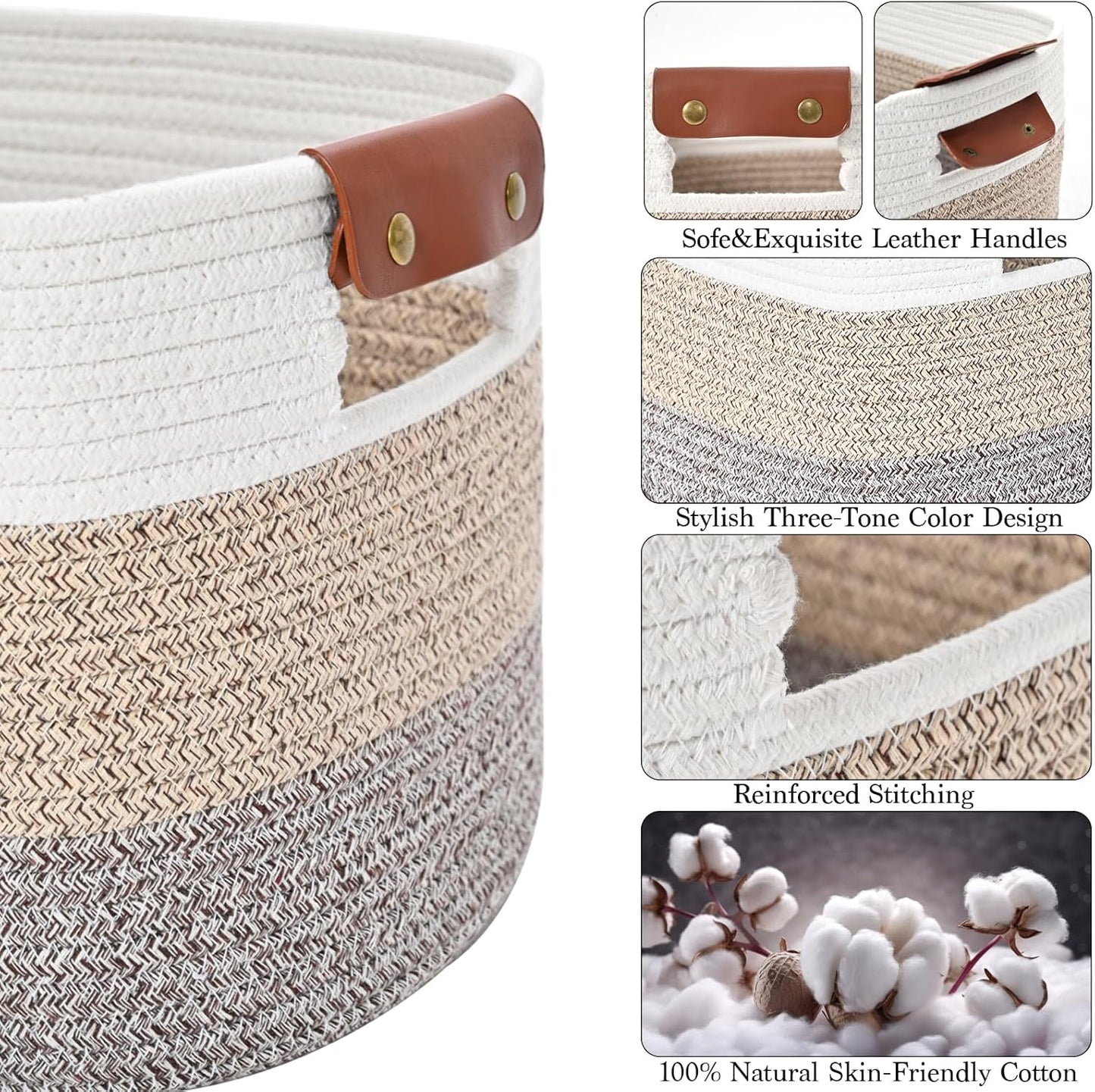 Cotton Rope Storage Basket Woven Shelf Storage Bin with Detachable Leather Handles, Decorative Closet Shelf Woven Basket (Gradient Brown 1PACK)