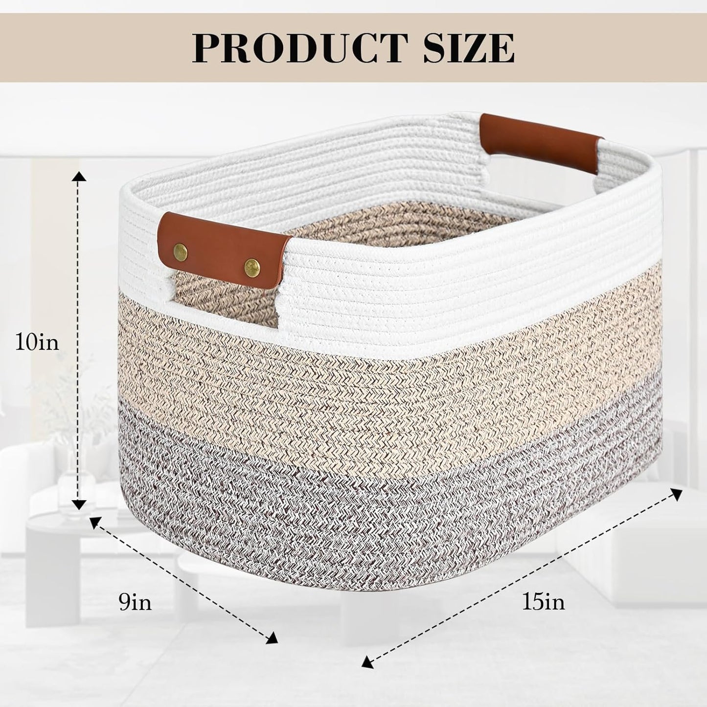 Cotton Rope Storage Basket Woven Shelf Storage Bin with Detachable Leather Handles, Decorative Closet Shelf Woven Basket (Gradient Brown 1PACK)