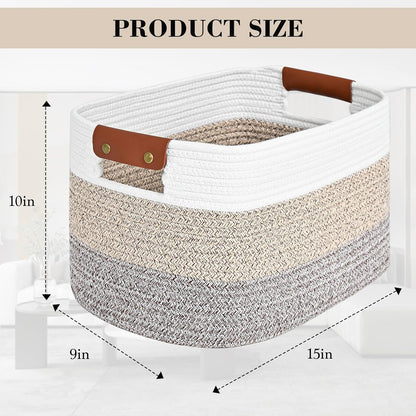 Cotton Rope Storage Basket Woven Shelf Storage Bin with Detachable Leather Handles, Decorative Closet Shelf Woven Basket (Gradient Brown 1PACK)