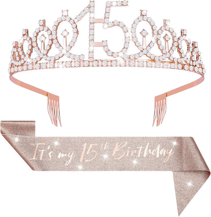 'It'S My 15Th Birthday' Sash and Tiara for Girls, Rose Gold Birthday Crown 15 &