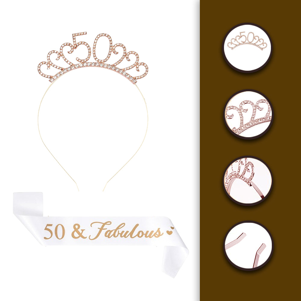 Ecomtwist 50th Birthday Sash & Tiara Set – Rose Gold '50 & Fabulous' Sash with Rhinestone Tiara – Perfect for 50th Birthday Gifts, Decorations, Party Accessories, Crown, and Headband for Women.