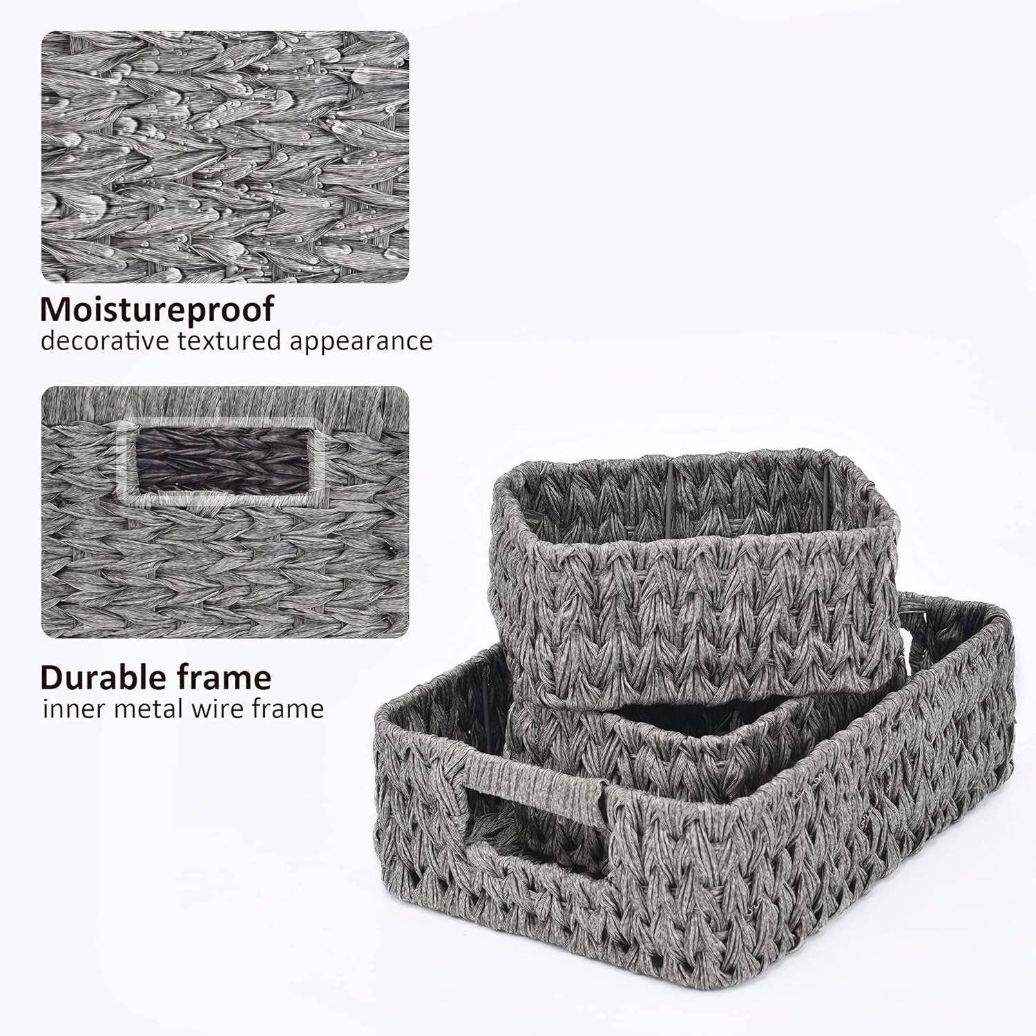 Storage Baskets, Pack of 3 Wicker Baskets for Storage, 1 Large Wicker Storage Box and 2 Small Wicker Baskets Waterproof, Bathroom Counter Storage, Toilet Basket Tank Topper, Grey