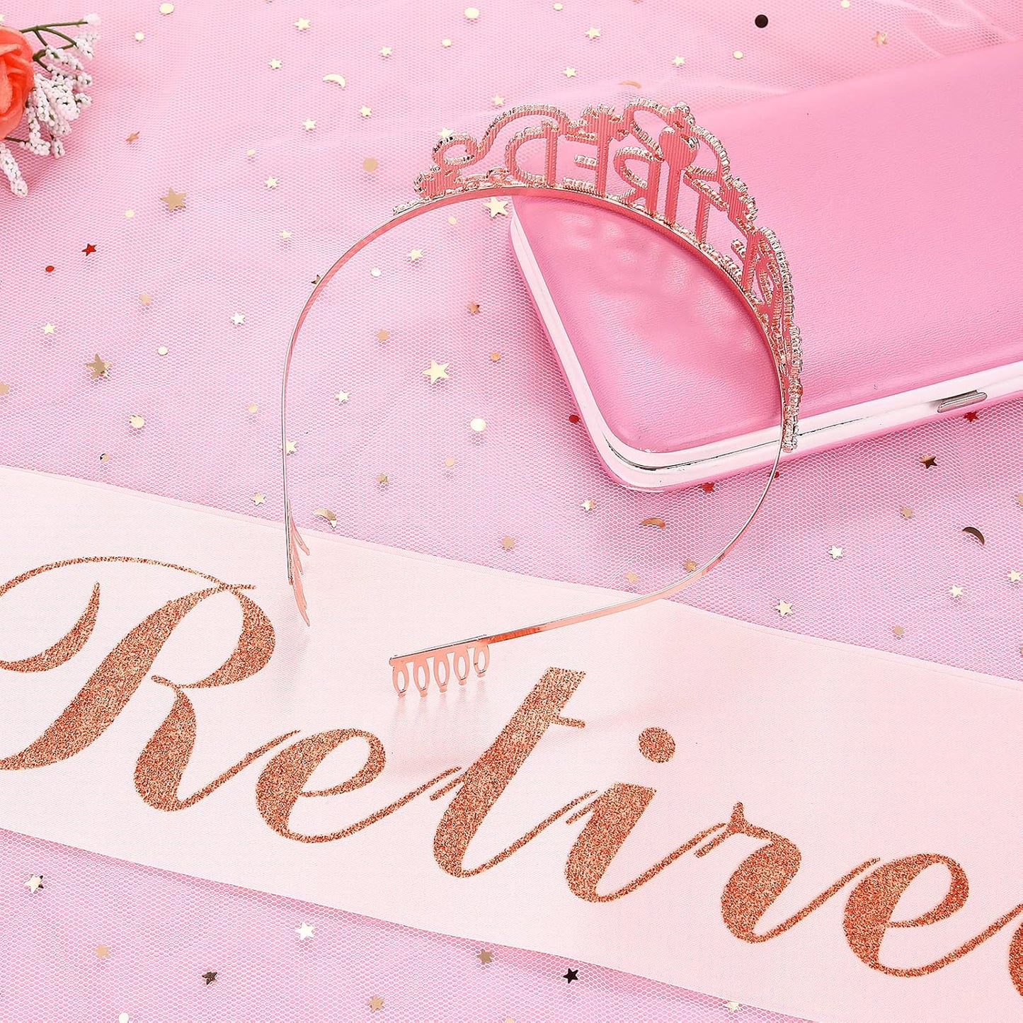 Abeillo Retirement Party Decorations Retirement Gifts for Women, Retired Crown Tiara & Sash, Crystal Crown for Women Happy Retirement Party Supplies, Gifts, Favors (Pink)