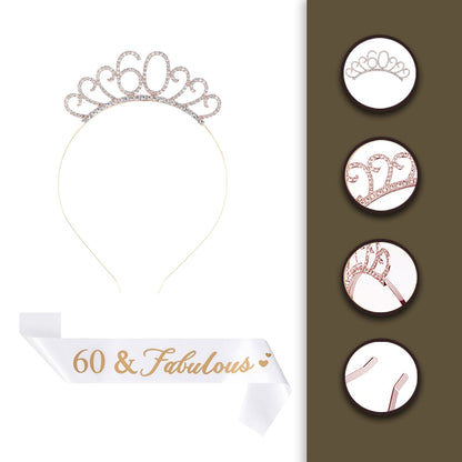 Ecomtwist 60th Celebration Sash & Crown Set - Rose Gold 60 and Fabulous Sash & Sparkling Rhinestone Crown - Ideal for 60th Birthday Gifts for Her, Milestone Party Decorations, and Accessories.