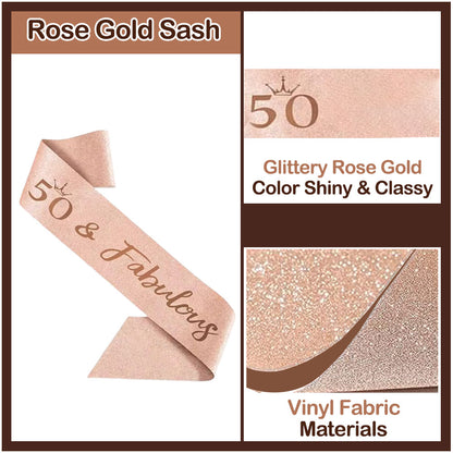 Ecomtwist 50th Birthday Sash & Tiara Set – Rose Gold 50 & Fabulous Sash & Rhinestone Tiara – Perfect for 50th Birthday Gifts, Decorations, Crown, Headband, and Party Accessories for Women
