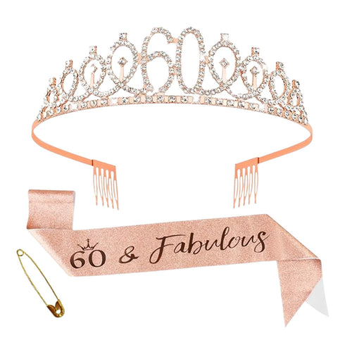 Ecomtwist 60th Birthday Sash & Tiara Set - Rose Gold “60 & Fabulous” Sash & Rhinestone Tiara - Perfect for 60th Birthday Gifts for Women, 60th Birthday Decorations, and Party Accessories.