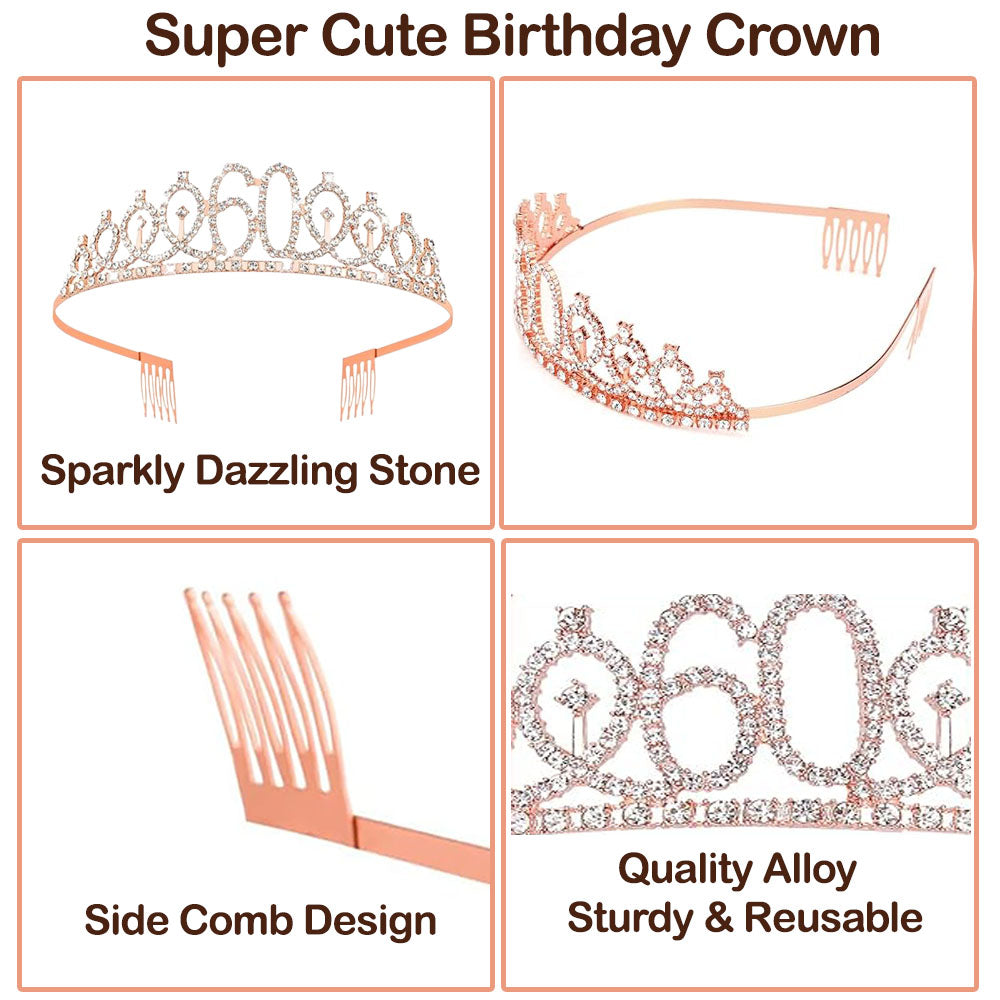 Ecomtwist 60th Birthday Sash & Tiara Set - Rose Gold “60 & Fabulous” Sash & Rhinestone Tiara - Perfect for 60th Birthday Gifts for Women, 60th Birthday Decorations, and Party Accessories.