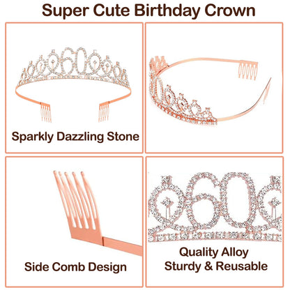Ecomtwist 60th Birthday Sash & Tiara Set - Rose Gold “60 & Fabulous” Sash & Rhinestone Tiara - Perfect for 60th Birthday Gifts for Women, 60th Birthday Decorations, and Party Accessories.