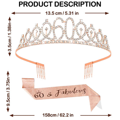 Ecomtwist 60th Birthday Sash & Tiara Set - Rose Gold “60 & Fabulous” Sash & Rhinestone Tiara - Perfect for 60th Birthday Gifts for Women, 60th Birthday Decorations, and Party Accessories.