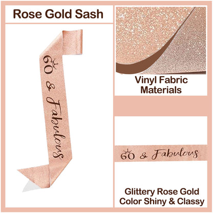 Ecomtwist 60th Birthday Sash & Tiara Set - Rose Gold “60 & Fabulous” Sash & Rhinestone Tiara - Perfect for 60th Birthday Gifts for Women, 60th Birthday Decorations, and Party Accessories.
