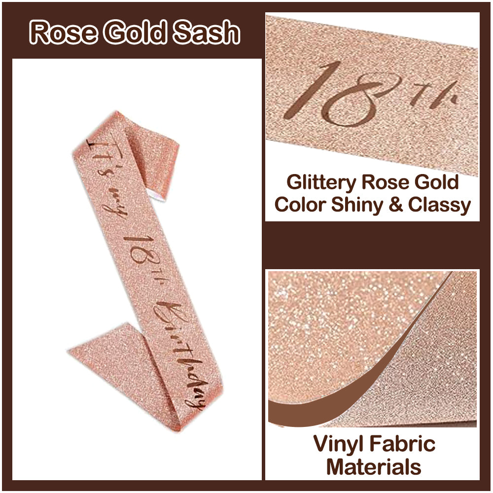 Ecomtwist 18th Birthday Sash & Tiara Set - Elegant Rose Gold Glitter Sash with It's my 18th Birthday Text and Sparkling Rhinestone Tiara - Celebrating Her Milestone 18th birthday gifts for girls