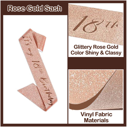 Ecomtwist 18th Birthday Sash & Tiara Set - Elegant Rose Gold Glitter Sash with It's my 18th Birthday Text and Sparkling Rhinestone Tiara - Celebrating Her Milestone 18th birthday gifts for girls