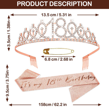 Ecomtwist 18th Birthday Sash & Tiara Set - Elegant Rose Gold Glitter Sash with It's my 18th Birthday Text and Sparkling Rhinestone Tiara - Celebrating Her Milestone 18th birthday gifts for girls