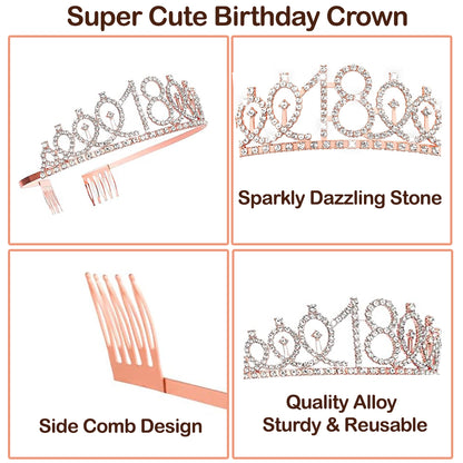Ecomtwist 18th Birthday Sash & Tiara Set - Elegant Rose Gold Glitter Sash with It's my 18th Birthday Text and Sparkling Rhinestone Tiara - Celebrating Her Milestone 18th birthday gifts for girls