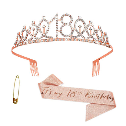 Ecomtwist 18th Birthday Sash & Tiara Set - Elegant Rose Gold Glitter Sash with It's my 18th Birthday Text and Sparkling Rhinestone Tiara - Celebrating Her Milestone 18th birthday gifts for girls