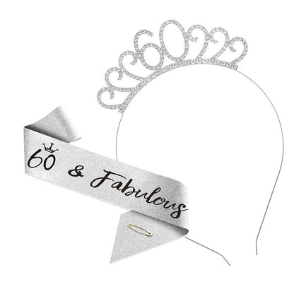 60th Birthday Tiara Crown & Sash Set 60 & Fabulous Glitter Headband Gift Prop