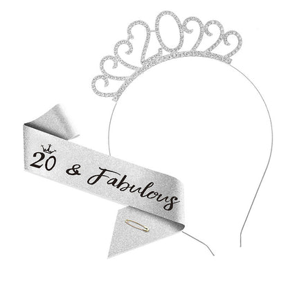 20th Birthday Girl Tiara Crown & Sash Set 20 & Fabulous Headband Gift Prop