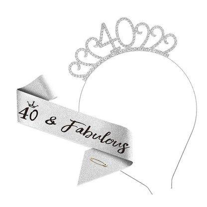 40th Birthday Tiara Crown & Sash Set 40 & Fabulous Glitter Headband Gift Prop